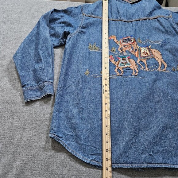Chico's Design Shirt Womens 2 / L Denim Zip Embellished Embroidery LS Cotton VTG - Picture 7 of 16